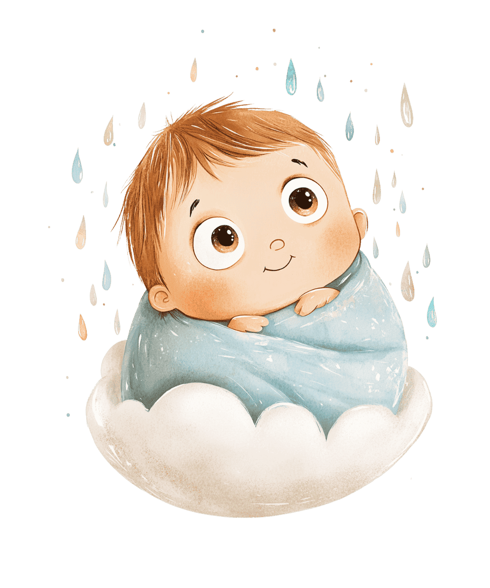 Illustration of a cute baby wrapped in a blue blanket, sitting on a fluffy cloud with raindrops falling around.