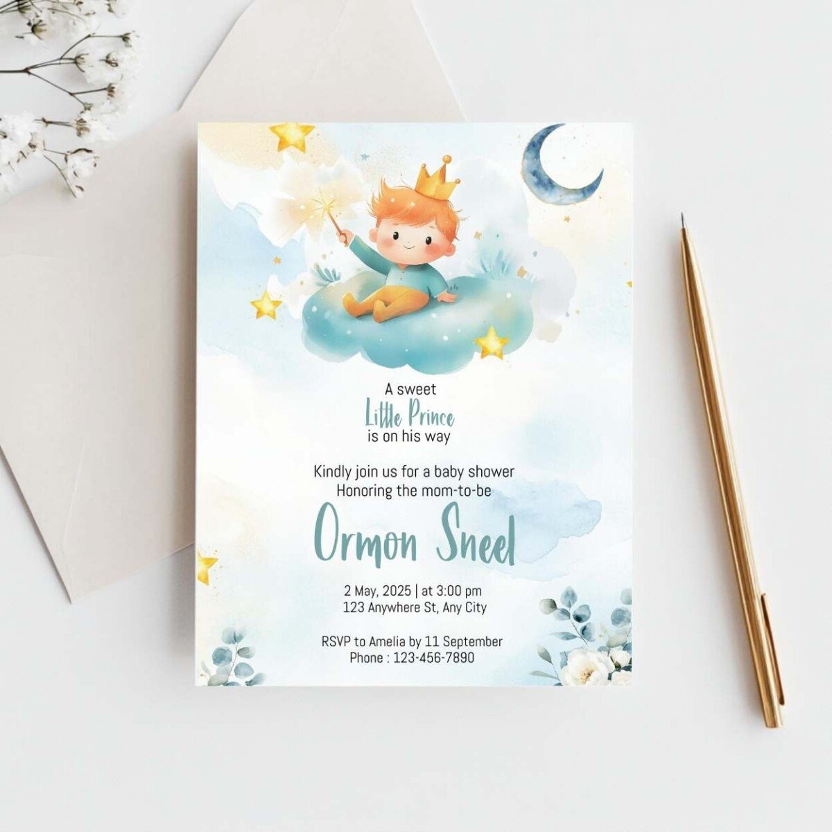 Baby shower invitation featuring a watercolor illustration of a little prince sitting on a cloud with stars and a crescent moon.