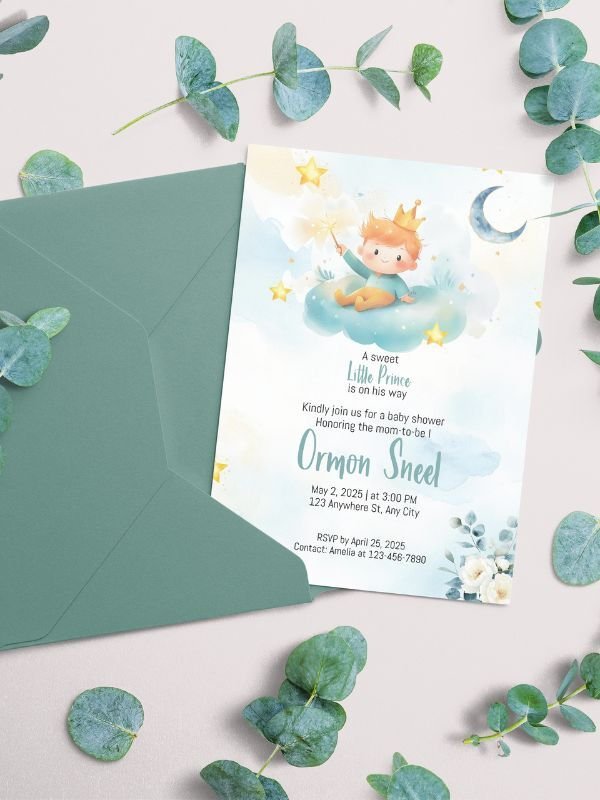 Elegant baby shower invitation with a ‘Little Prince’ theme, featuring a watercolor illustration of a baby prince on a cloud, stars, and a green envelope.
