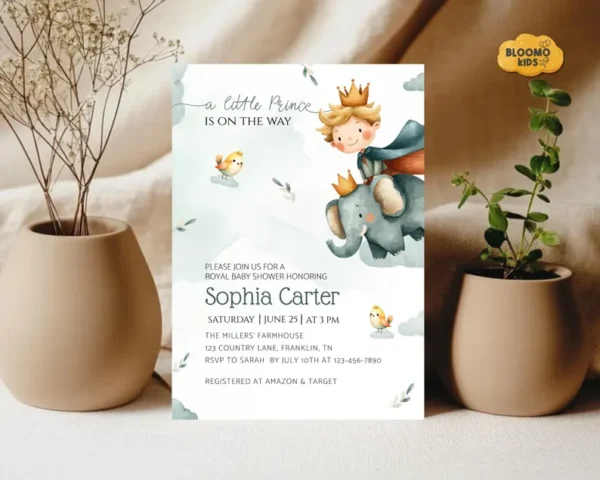 Baby shower invitation with a crowned boy riding an elephant, themed "A Little Prince is on the Way".