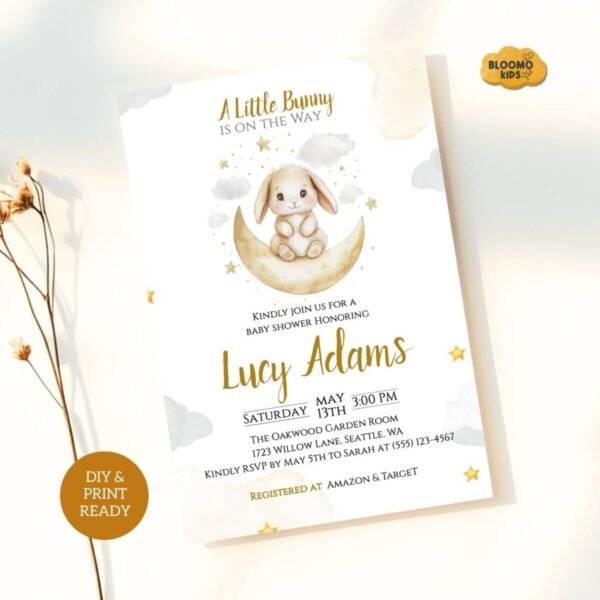Baby shower invitation card with watercolor bunny and moon on white backdrop.