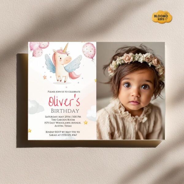 Custom unicorn birthday invite with toddler photo on beige wall display.