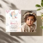 Whimsical unicorn-themed birthday invitation with toddler portrait.