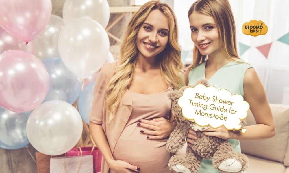Pregnant woman and friend at a baby shower with balloons and a teddy bear sign.