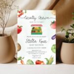Rustic baby shower invitation with vegetable illustrations and "Locally Grown" theme.
