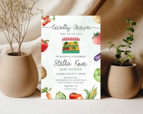 Rustic baby shower invitation with vegetable illustrations and "Locally Grown" theme.