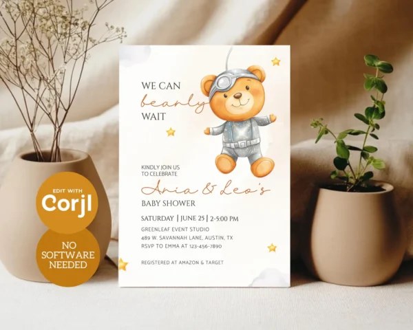 Space teddy bear baby shower invitation editable with Corjl between potted plants.